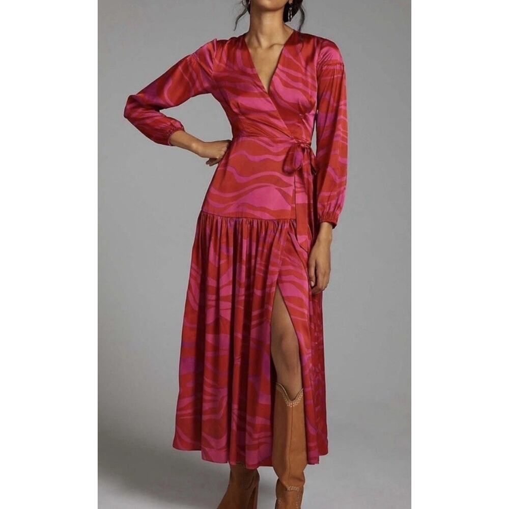 Anthropologie Hutch Ciara Dress Red Zebra Stripe Satin Wrap Maxi Tiered Sz S